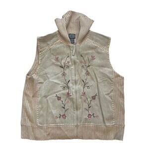 Designers Studio Originals Leather Front Floral Embroidered Sweater‎ Vest XL Tan